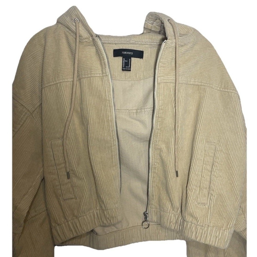 FOREVER 21 Tan Corduroy Zip Up Hoodie‎ Jacket Women's Medium Casual Cropped